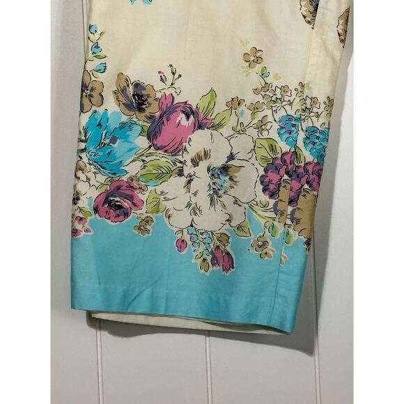 Oscar de la Renta Size 14 Wide Leg Crop Pants Cream Turquoise Floral Print Lined - Picture 3 of 7